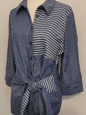 Unique Spectrum Navy & White Striped Tie-Front Button Blouse
